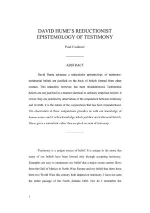 David Hume's Reductionist Epistemology of Testimony