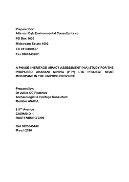 Prepared For: Alta Van Dyk Environmental Consultants Cc PO Box 1005 Midstream Estate 1692 Tel 0119409457 Fax 0866343967