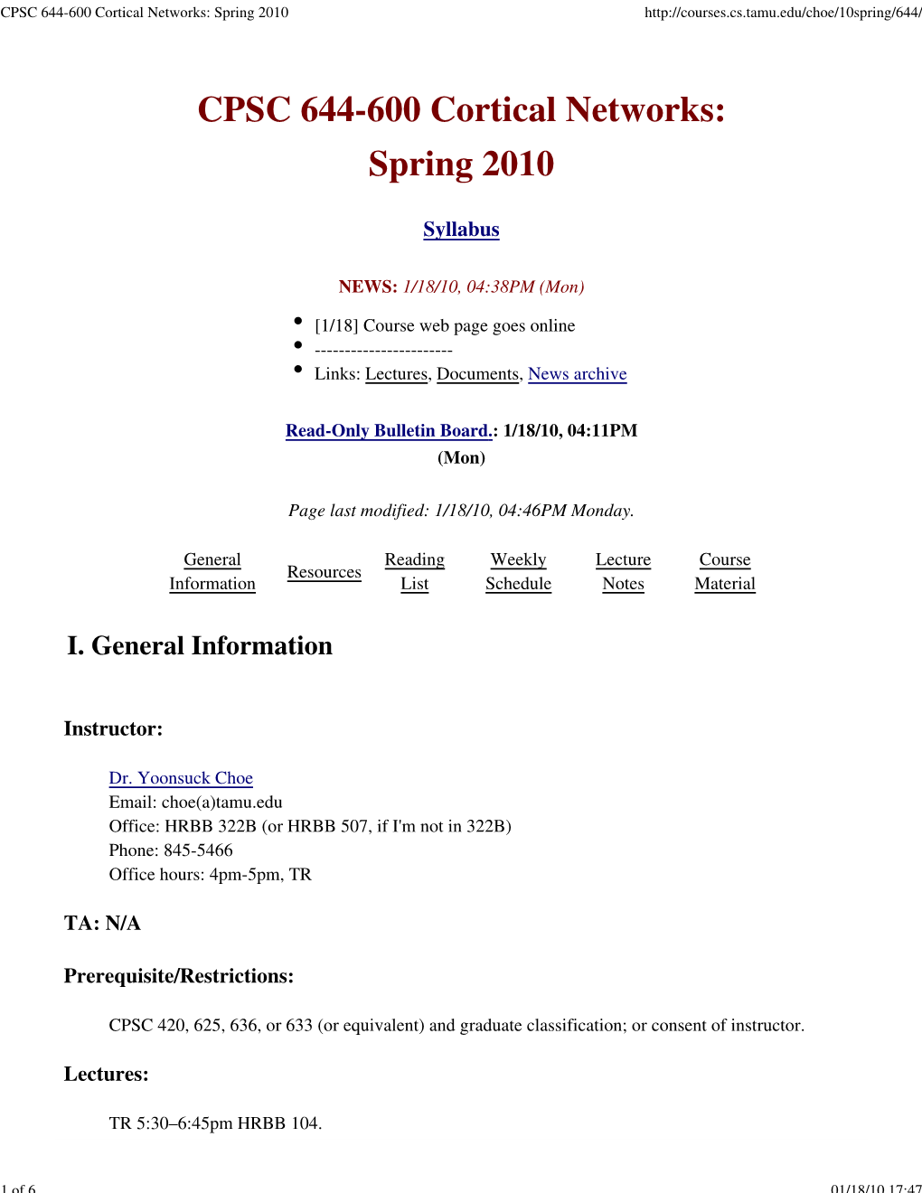 CPSC 644-600 Cortical Networks: Spring 2010