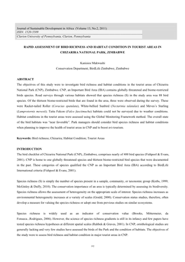 Rapid Assessment of Bird Richness and Habitat Condition in Tourist Areas in Chizarira National Park, Zimbabwe