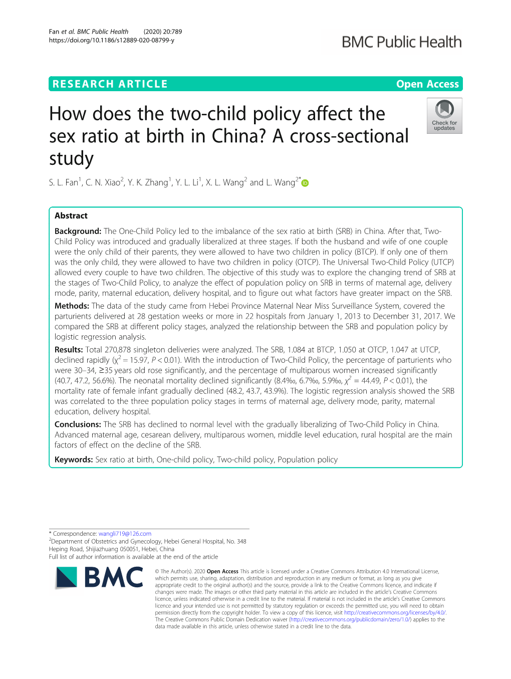 How Does the Two-Child Policy Affect the Sex Ratio at Birth in China? a Cross-Sectional Study S