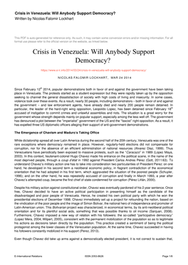 Crisis in Venezuela: Will Anybody Support Democracy? Written by Nicolas Falomir Lockhart