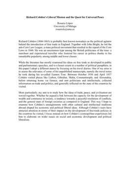 Richard Cobden's Liberal Mission and the Quest for Universal Peace Rosario López University of Málaga Rosariols@Uma.Es Richa