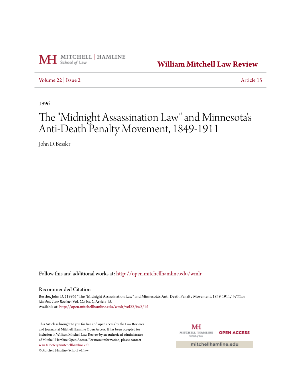 The "Midnight Assassination Law" and Minnesota's Anti-Death Penalty Movement, 1849-1911 John D