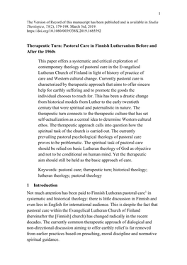 Therapeutic Turn: Pastoral Care in Finnish Lutheranism Before and After the 1960S