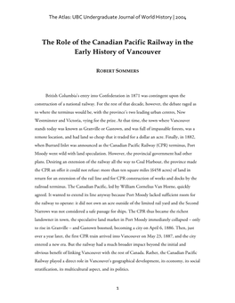 Robert Sommers: the Role of the Canadian Pacific Railway in The