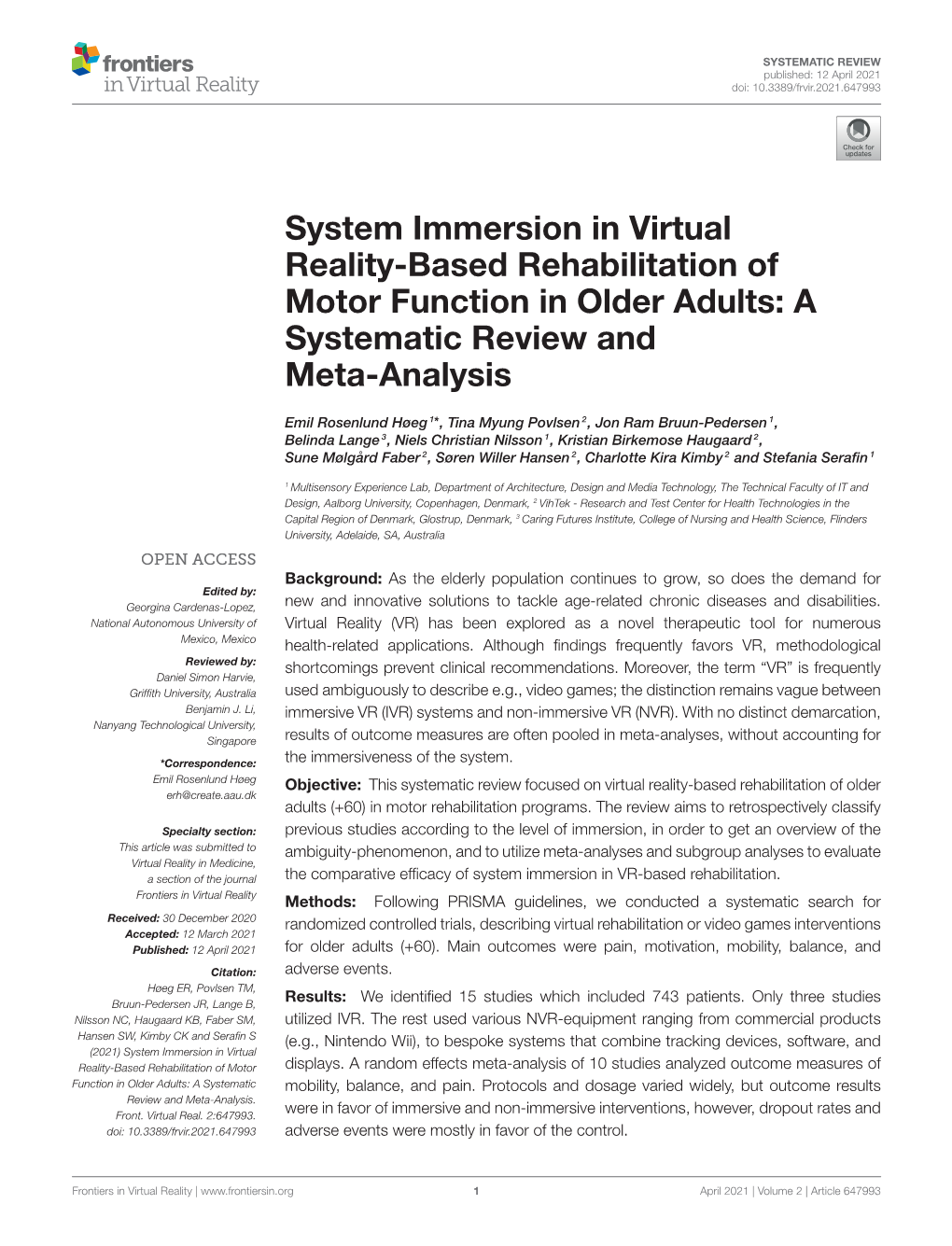 System Immersion in Virtual Reality-Based Rehabilitation of Motor Function in Older Adults: a Systematic Review and Meta-Analysis