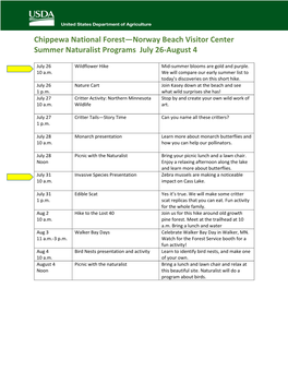 Chippewa National Forest—Norway Beach Visitor Center Summer Naturalist Programs July 26-August 4