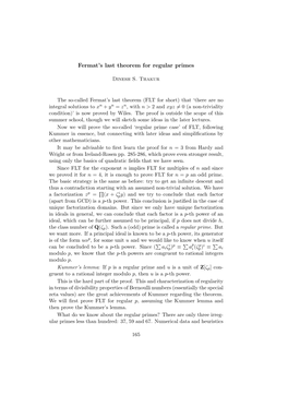 Fermat's Last Theorem for Regular Primes: Dinesh S. Thakur