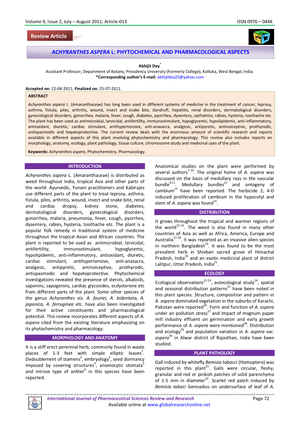 Achyranthes Aspera L: Phytochemical and Pharmacological Aspects