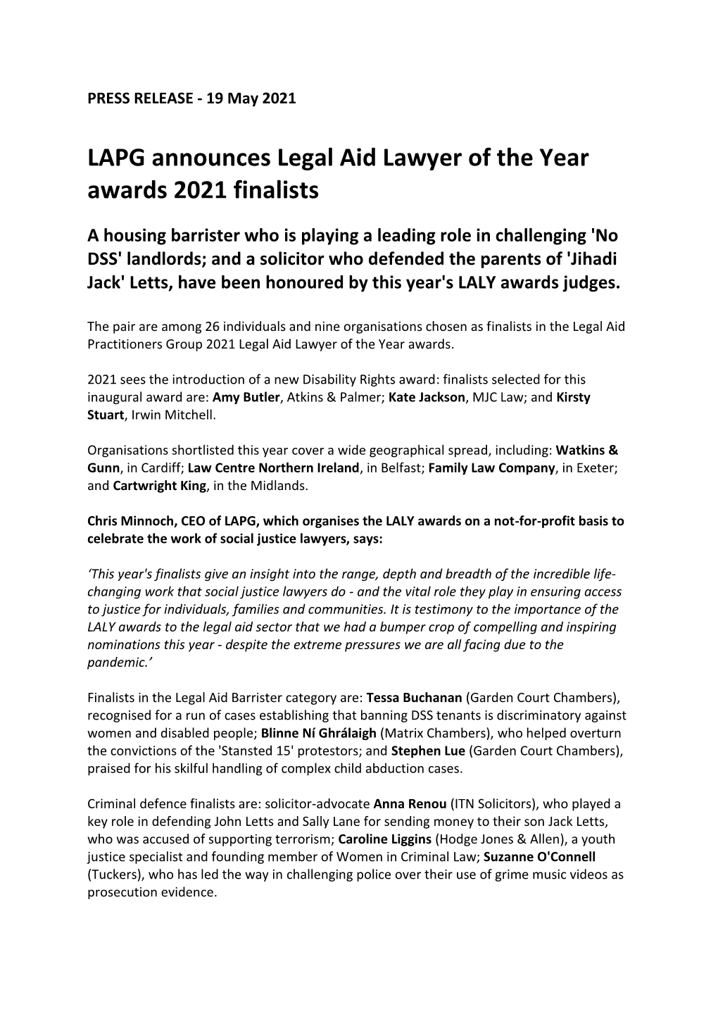 LAPG Announces Legal Aid Lawyer of the Year Awards 2021 Finalists