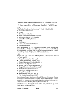 A Summary List of George Wright's Field Notes