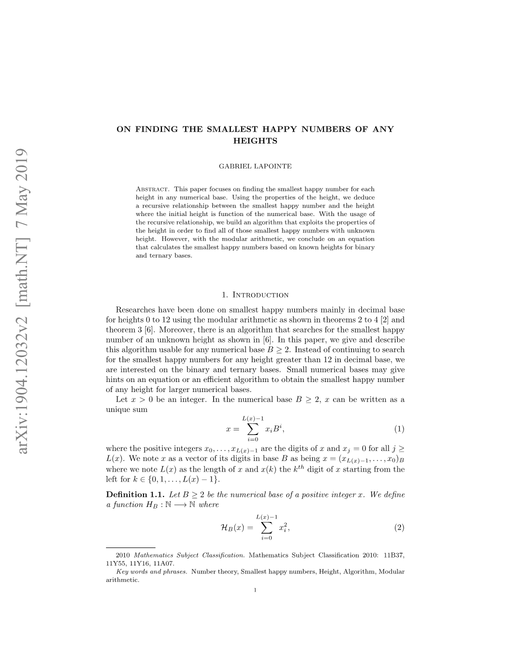 ON FINDING the SMALLEST HAPPY NUMBERS of ANY HEIGHTS 2 Where B(0) = 0 in Base B