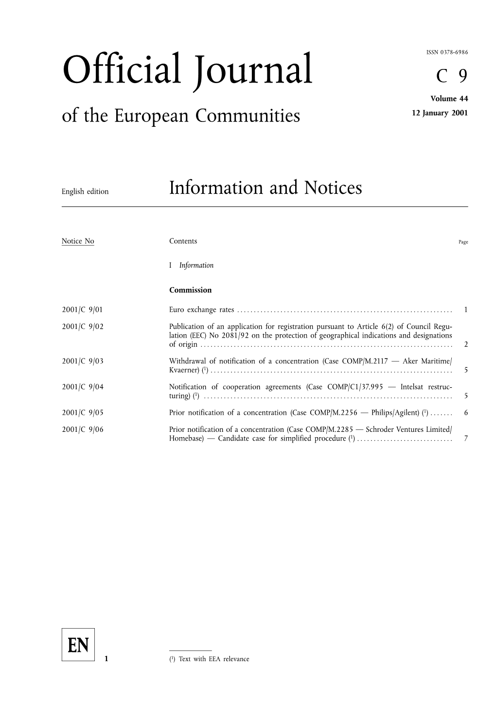 Official Journal C9 Volume 44 of the European Communities 12 January 2001