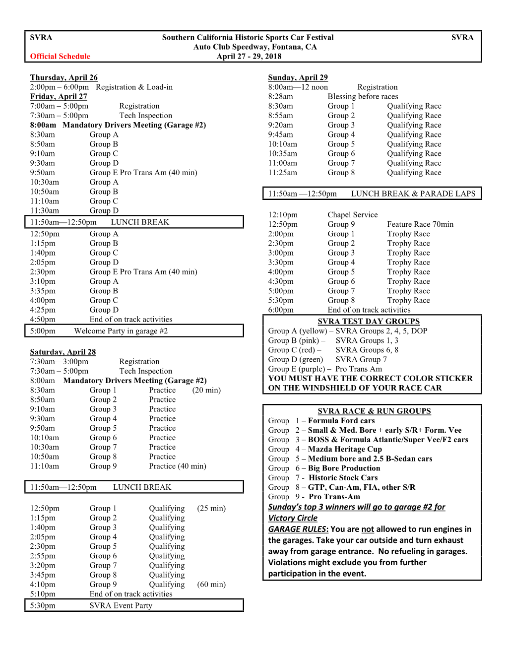 Official Race Schedule