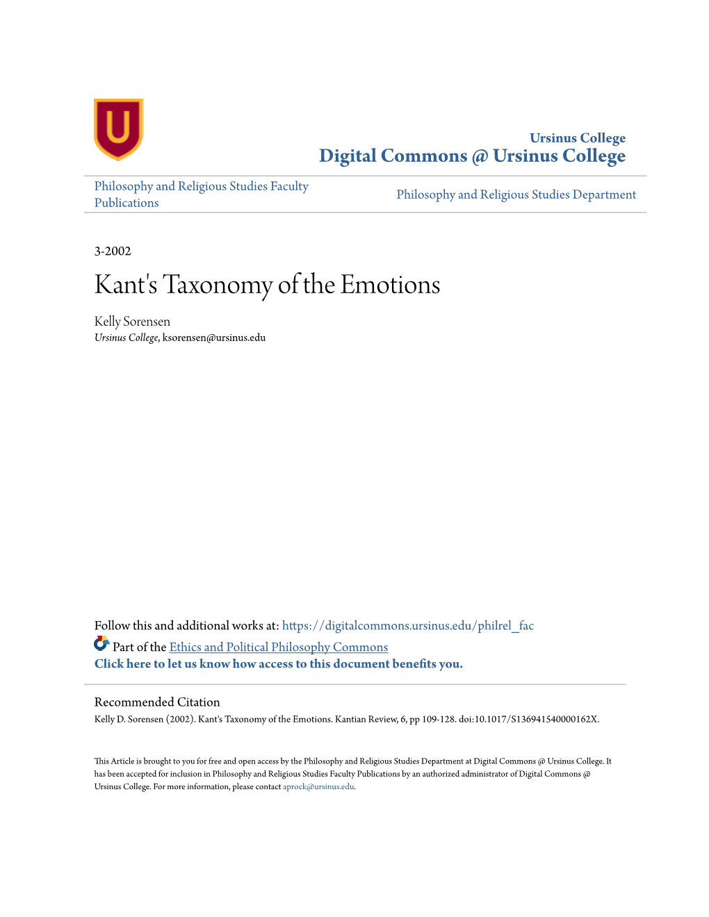 Kant's Taxonomy of the Emotions Kelly Sorensen Ursinus College, Ksorensen@Ursinus.Edu