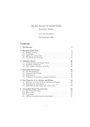 Model Theory of Valued Fields Lecture Notes