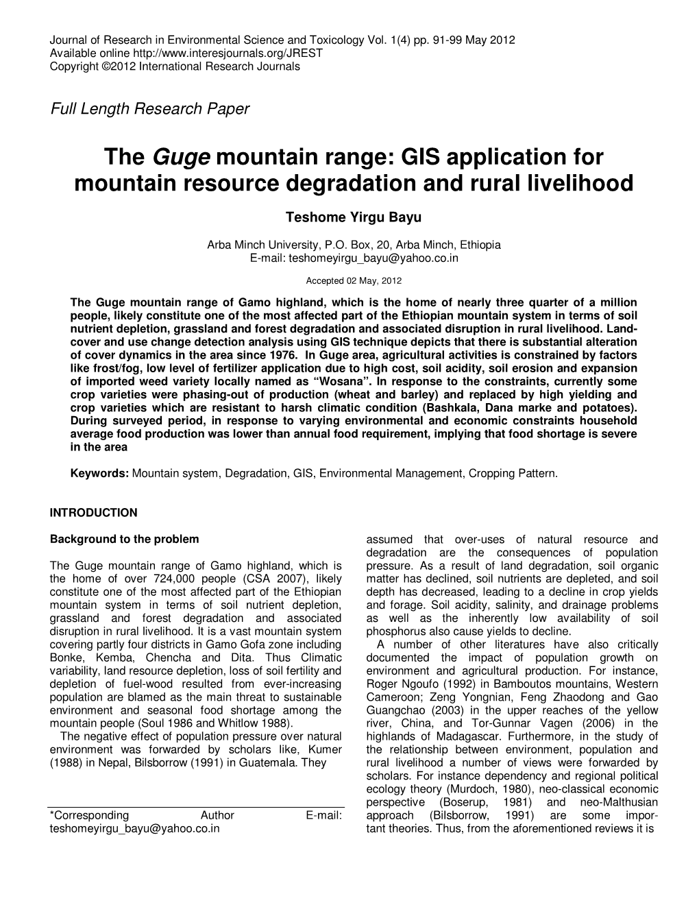 The Guge Mountain Range: GIS Application for Mountain Resource Degradation and Rural Livelihood