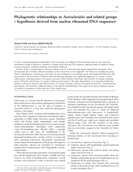 Phylogenetic Relationships in Auriculariales and Related Groups – Hypotheses Derived from Nuclear Ribosomal DNA Sequences1