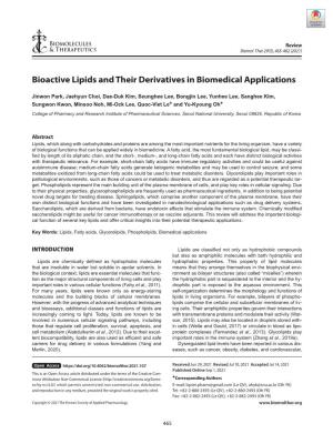 Bioactive Lipids and Their Derivatives in Biomedical Applications