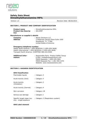 Dimethylethanolamine 99% Version 1.0 Revision Date: 08/20/2014