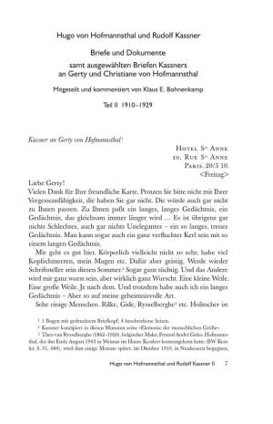 Hugo Von Hofmannsthal Und Rudolf Kassner Briefe Und Dokumente Samt Ausgewählten Briefen Kassners an Gerty Und Christiane Von Ho