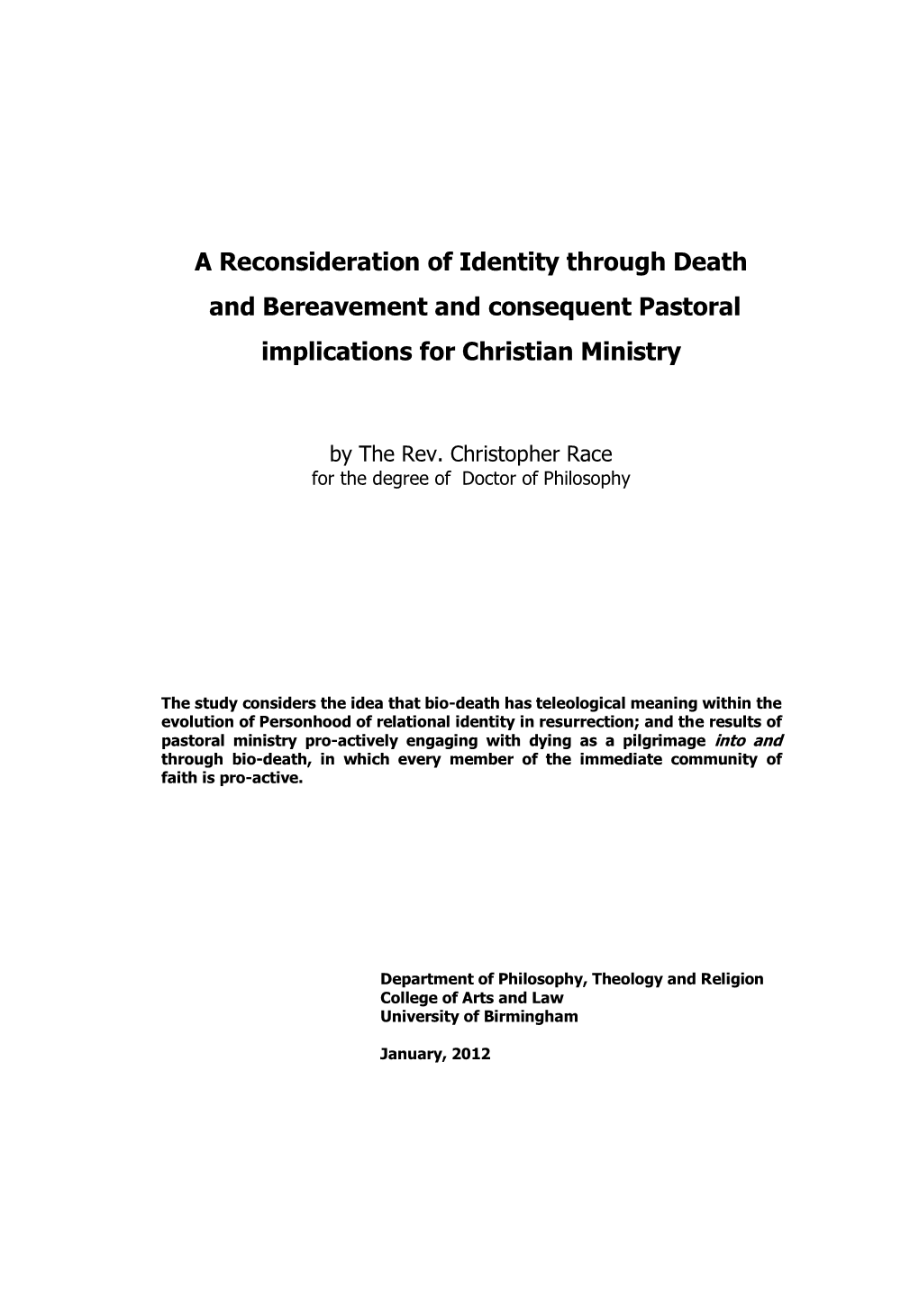 A Reconsideration of Identity Through Death and Bereavement and Consequent Pastoral Implications for Christian Ministry