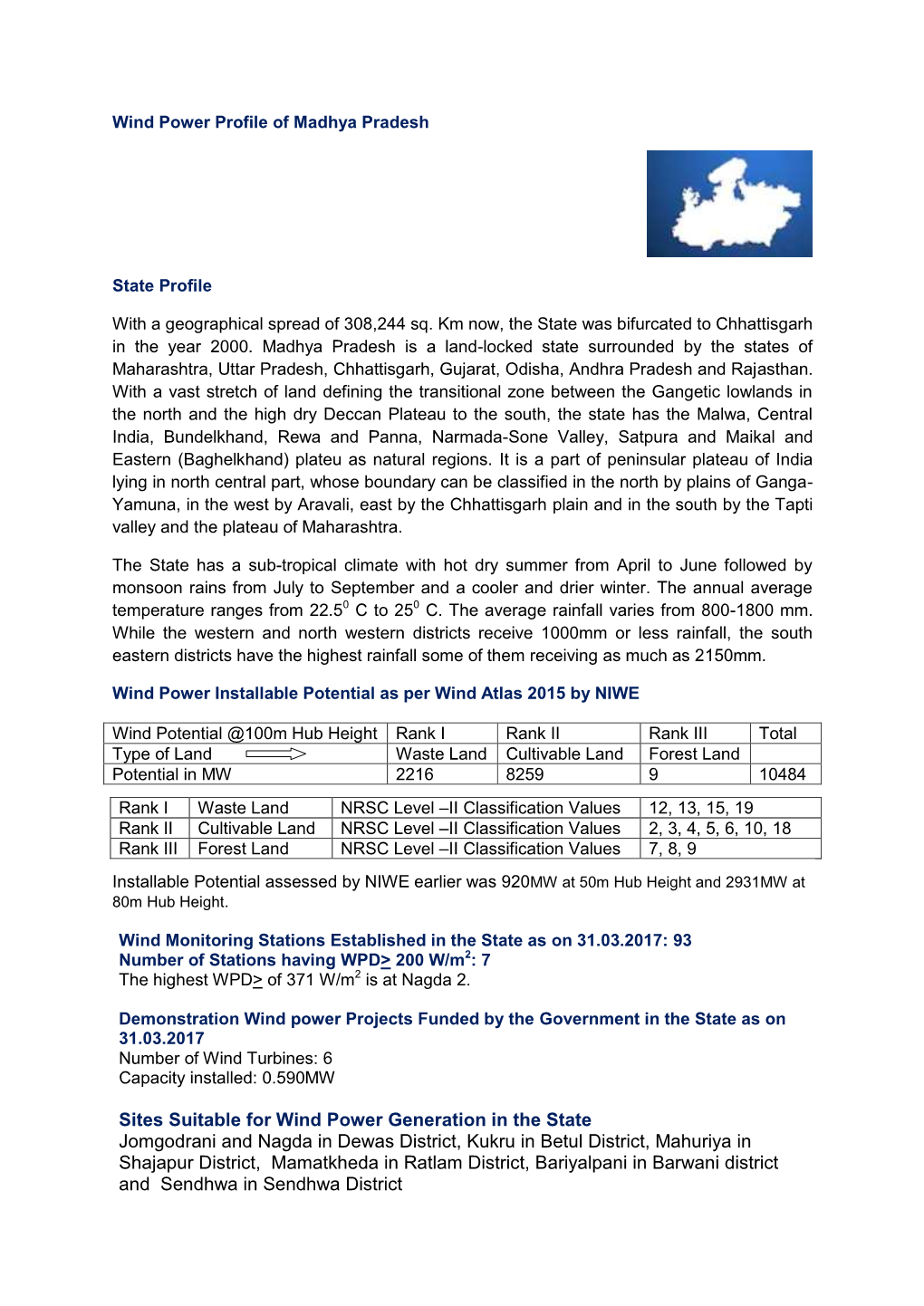 Sites Suitable for Wind Power Generation in the State Jomgodrani and Nagda in Dewas District, Kukru in Betul District, Mahuriya