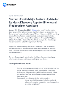 Shazam Unveils Major Feature Update for Its Music Discovery Apps for Iphone and Ipod Touch on App Store