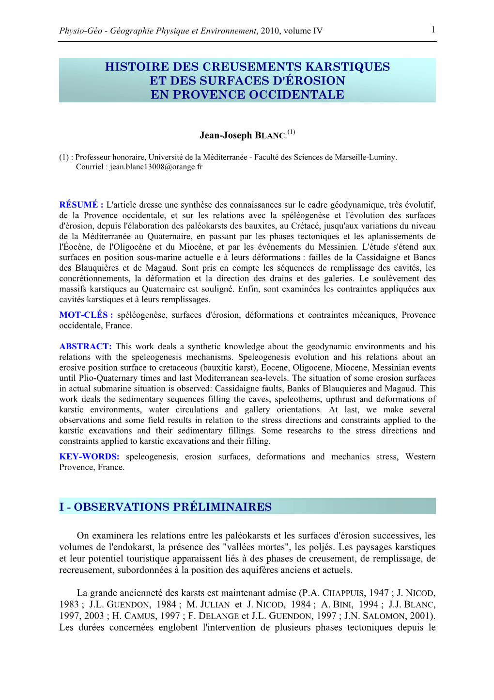 Histoire Des Creusements Karstiques Et Des Surfaces D'érosion En Provence Occidentale