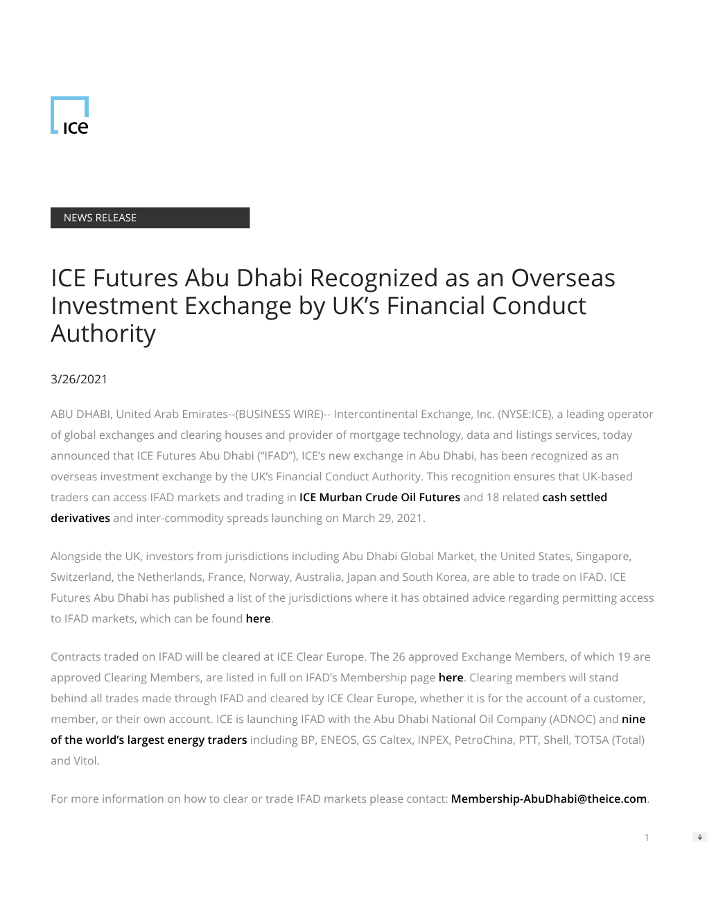 ICE Futures Abu Dhabi Recognized As an Overseas Investment Exchange by UK’S Financial Conduct Authority