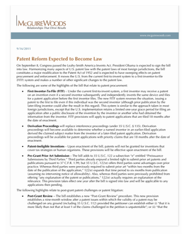 Patent Reform Expected to Become Law on September 8, Congress Passed the Leahy-Smith America Invents Act