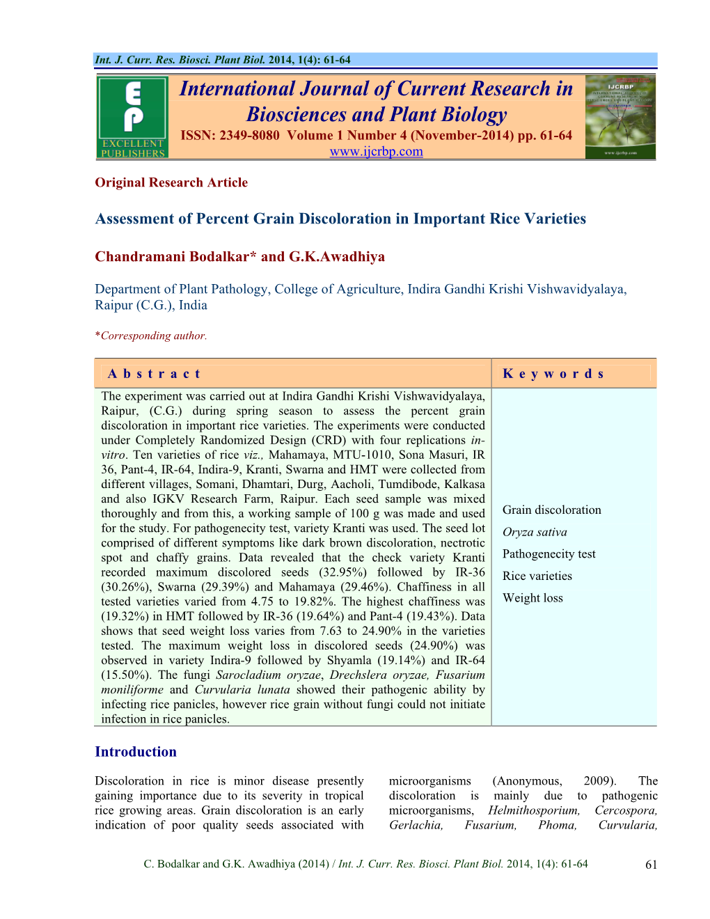 International Journal of Current Research in Biosciences and Plant Biology ISSN: 2349-8080 Volume 1 Number 4 (November-2014) Pp