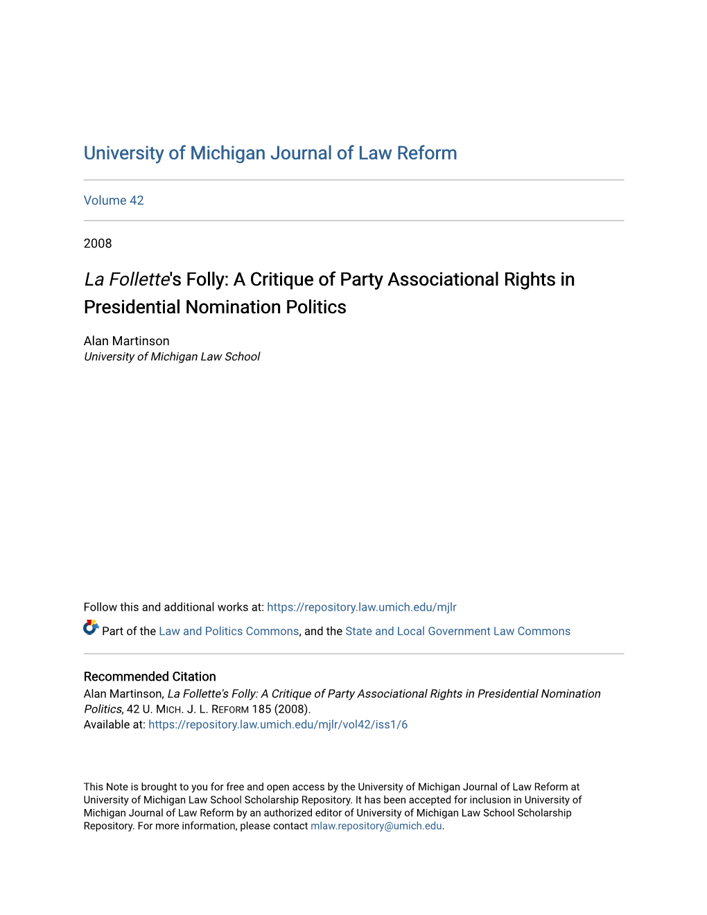 <Em>La Follette</Em>'S Folly: a Critique of Party Associational