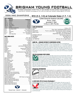 BRIGHAM YOUNG FOOTBALL BYU Athletic Communications • 30 SFH • Provo, UT • (801) 422-8948 • Fax: (801) 422-0633 • Football Contact Info