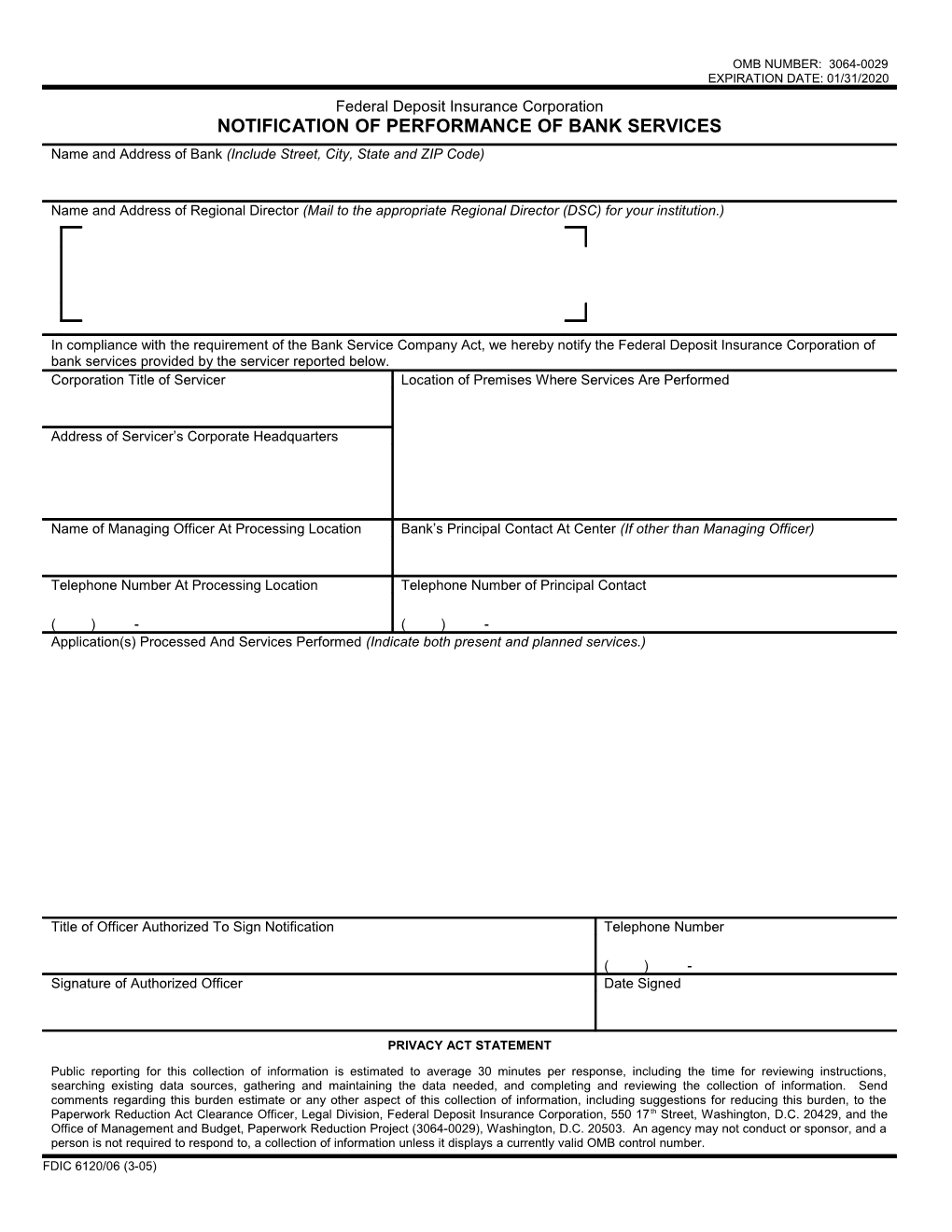 FDIC 6120/06, Notification of Performance of Bank Services