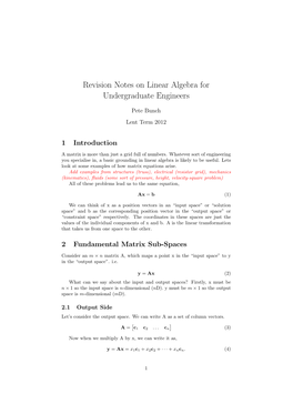 Revision Notes on Linear Algebra for Undergraduate Engineers