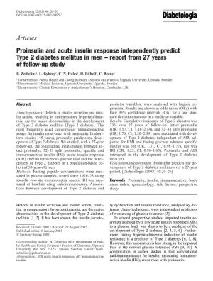 Proinsulin and Acute Insulin Response Independently Predict Type 2 Diabetes Mellitus in Men – Report from 27 Years of Follow-Up Study