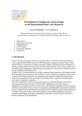Participation of Indigenous Nenets People in the International Polar Year Research