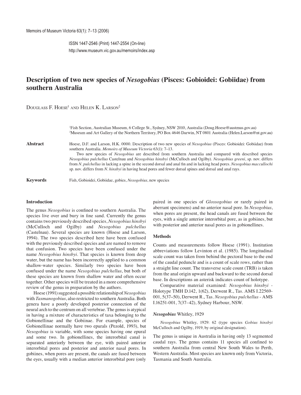 Description of Two New Species of Nesogobius (Pisces: Gobioidei: Gobiidae) from Southern Australia