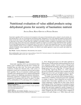 Nutritional Evaluation of Value Added Products Using Dehydrated Greens for Security of Haematinic Nutrient