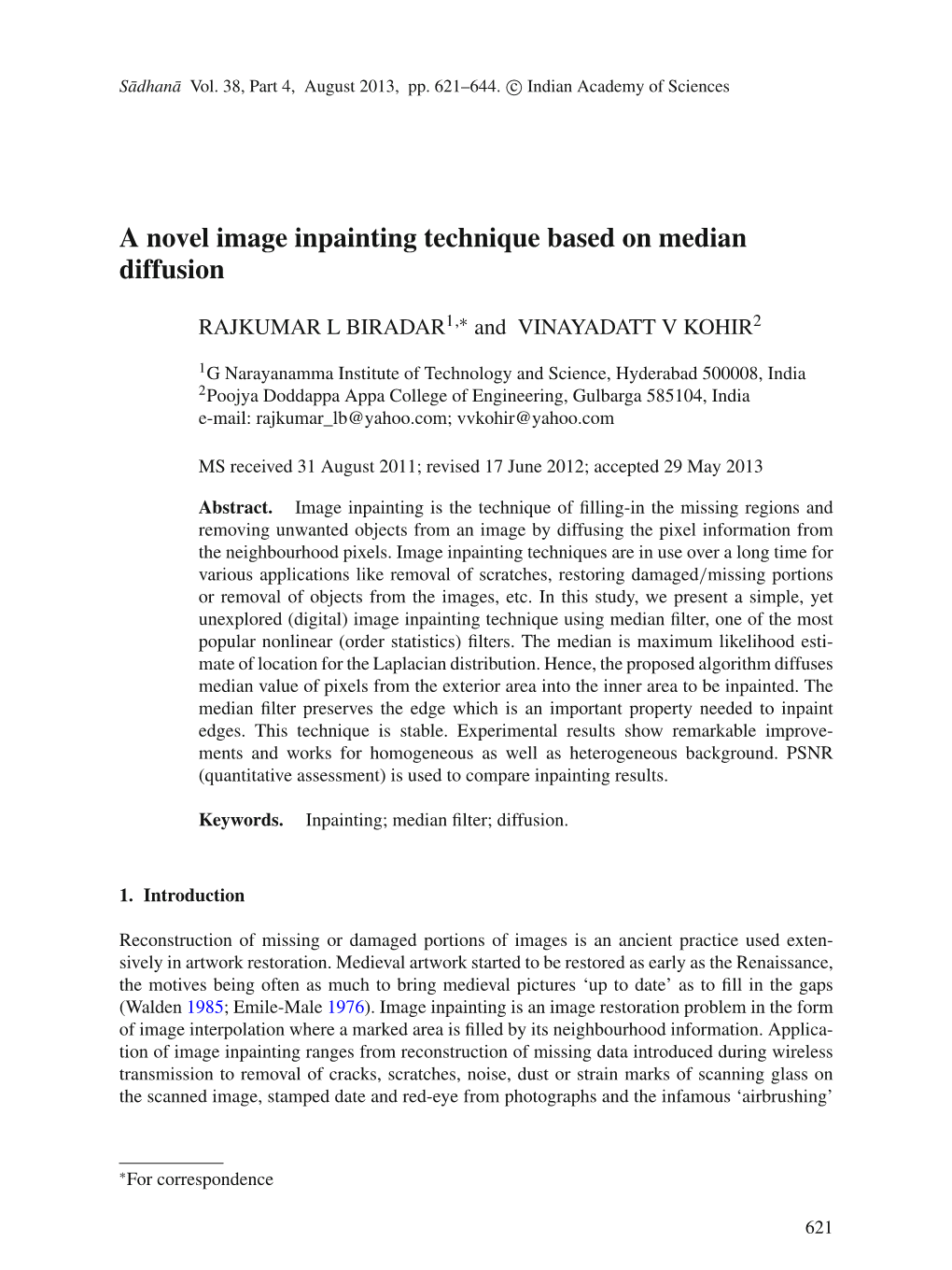 A Novel Image Inpainting Technique Based on Median Diffusion