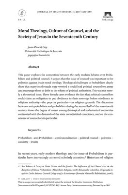 Moral Theology, Culture of Counsel, and the Society of Jesus in the Seventeenth Century