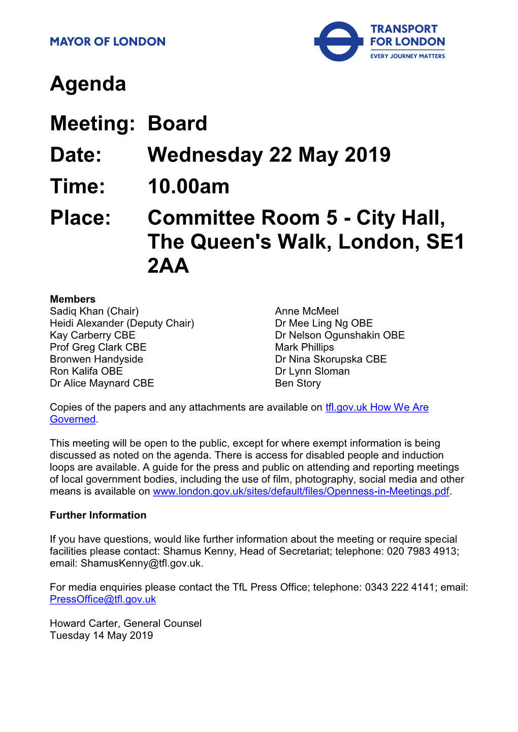 Tfl Board 22 May 2019 Agenda and Papers