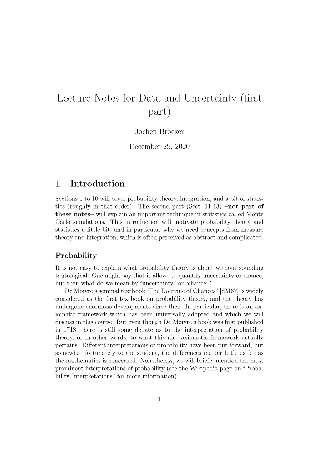 Lecture Notes for Data and Uncertainty (First Part)