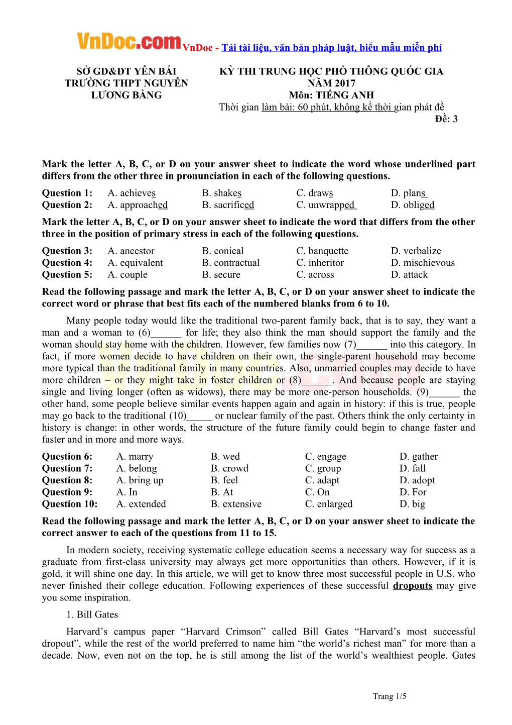 Mark the Letter A, B, C, Or D on Your Answer Sheet to Indicate the Word Whose Underlined