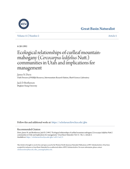 Cercocarpus Ledifolius Nutt.) Communities in Utah and Implications for Management James N