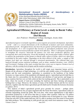 Agricultural Efficiency at Farm Level: a Study in Barak Valley Region of Assam Altaf Hussain Asst