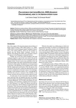 Philodromus Pinetorum Muster, 2009 (Araneae: Philodromidae), New to the Iberian Spider Fauna
