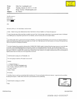 Trial Exhibit PX-0613 : E-Mail from Eddy Cue to Carolyn Reidy Re "Thanks" : U.S. V. Apple, Et